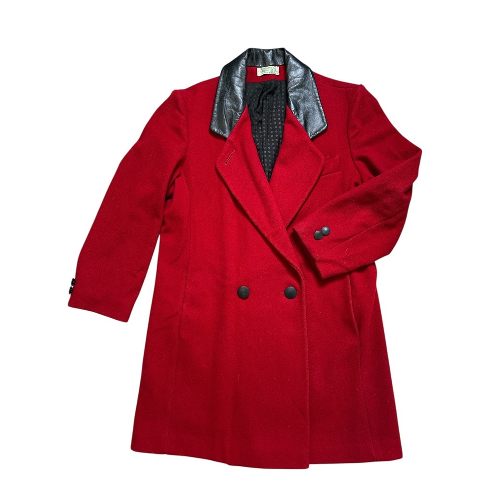 Vintage Fashions By Jill Women's Red Black Trench Coat 100% Wool Leather Collar